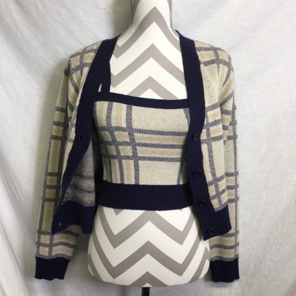 Witty Fox Juniors Blue Tan Plaid Crop Sweater & Tank Top, Sz S
